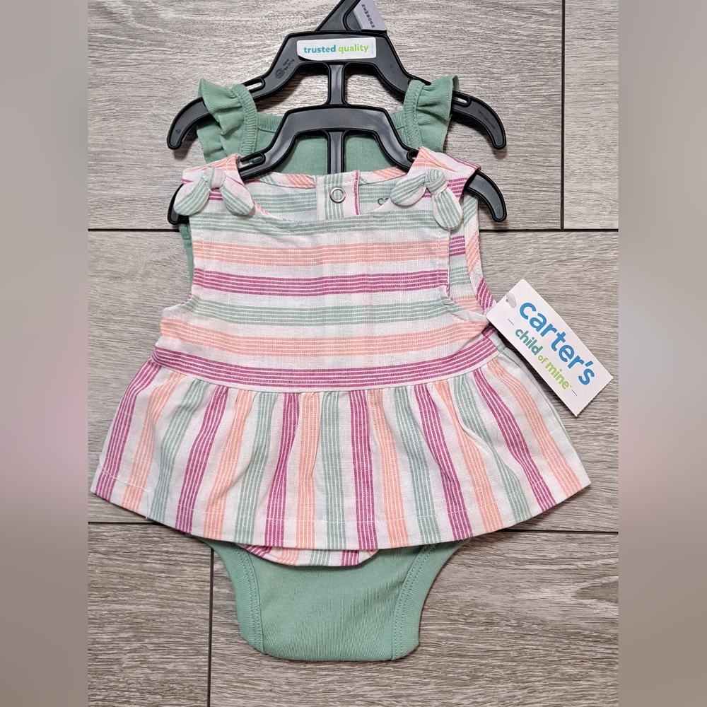 Brand New Carter's 3 Piece Striped Baby Dress with Bloomers And Onesis
